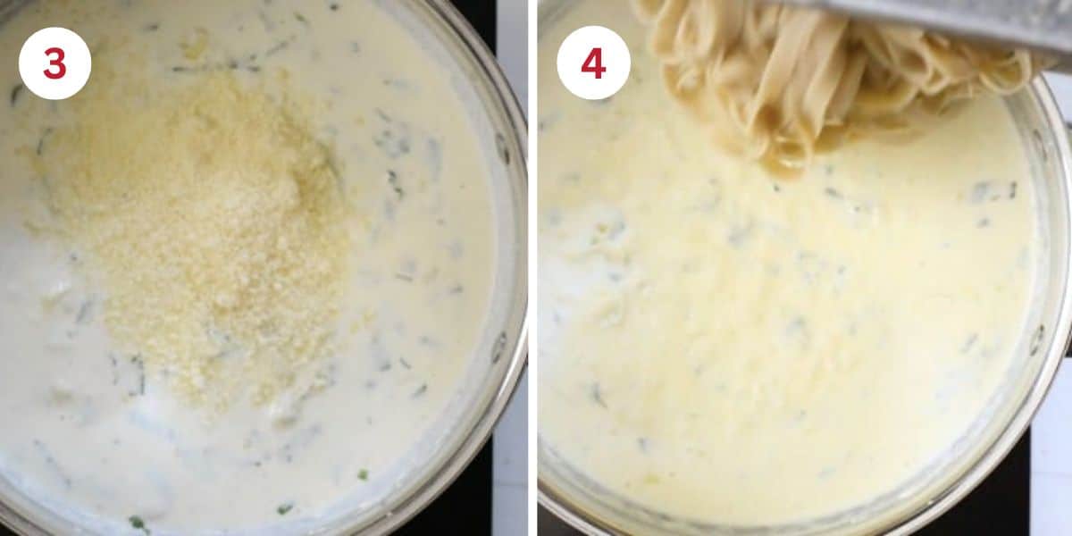 Photos adding the parmesan cheese to the cream sauce.
