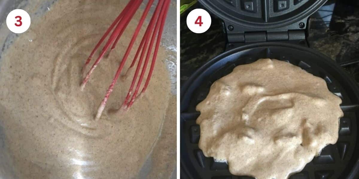 Photos showing the banana flour batter in a bowl and in a waffle iron.