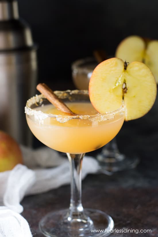 Two glasses of bourbon apple cider cocktail. A cinnamon stick is in the glass and both glasses are garnished with apple slices.