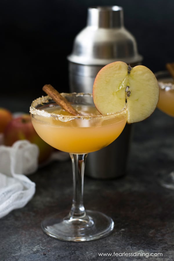 A glass of bourbon apple cider. An apple slice is garnishing the glass and a cinnamon stick is in the drink.