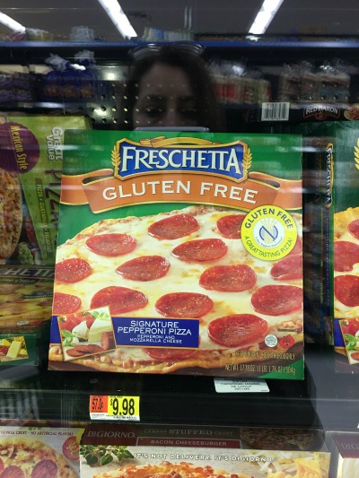 Boxes of gluten free freschetta frozen pizza.