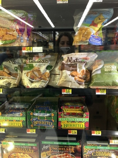 Walmart freezer case with Gluten free chicken tenders and burritos