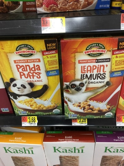 Enviro Kids gluten free cereals on a store shelf.