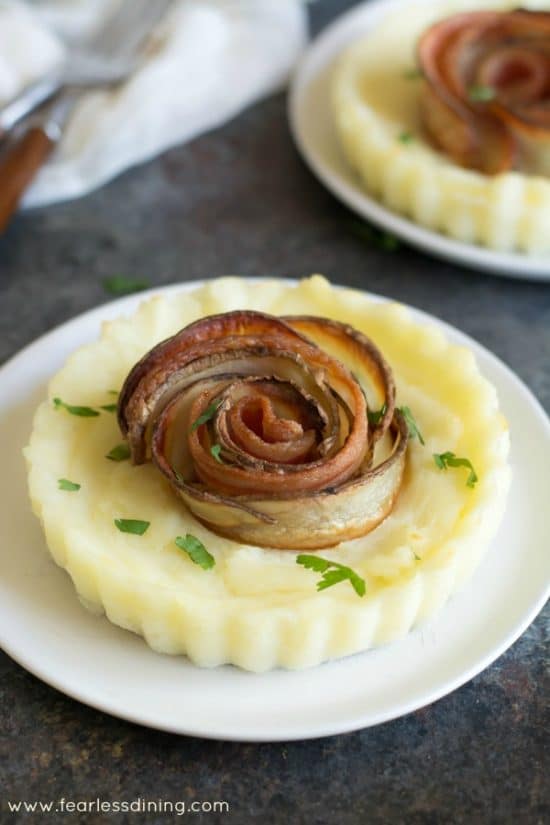 Top view of a potato bacon rose in a mashed potato pie