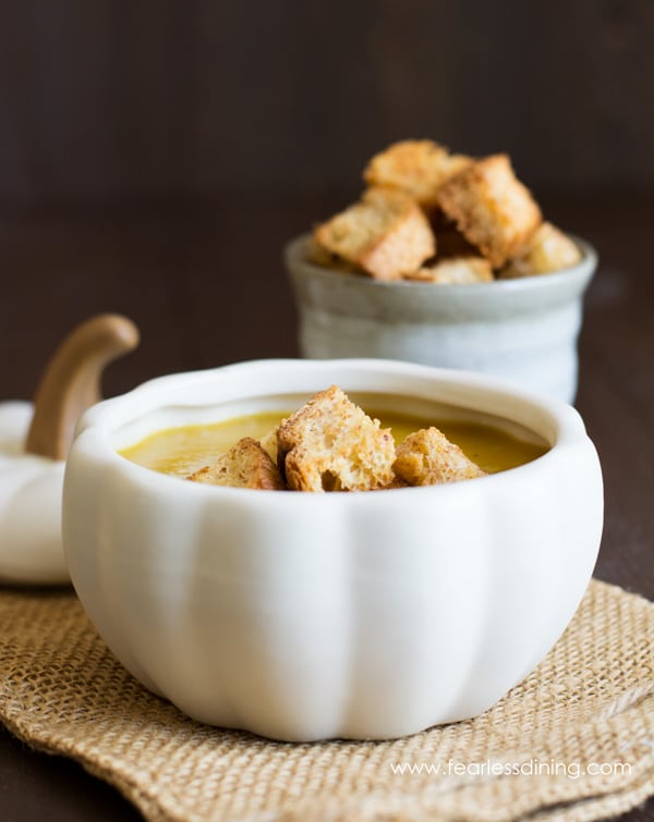 The crispy croutons float beautifully on top of the acorn squash soup.