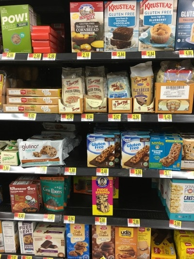 A section of the gluten free aisle at Walmart.