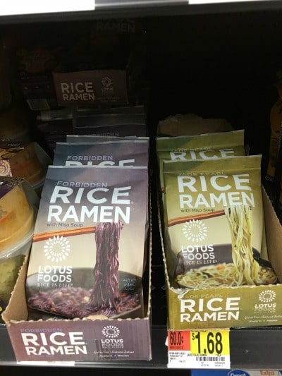 Walmart shelf with packages of rice ramen.