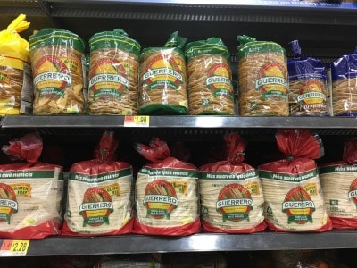 Guerro gluten free tortilla assortment on a shelf.