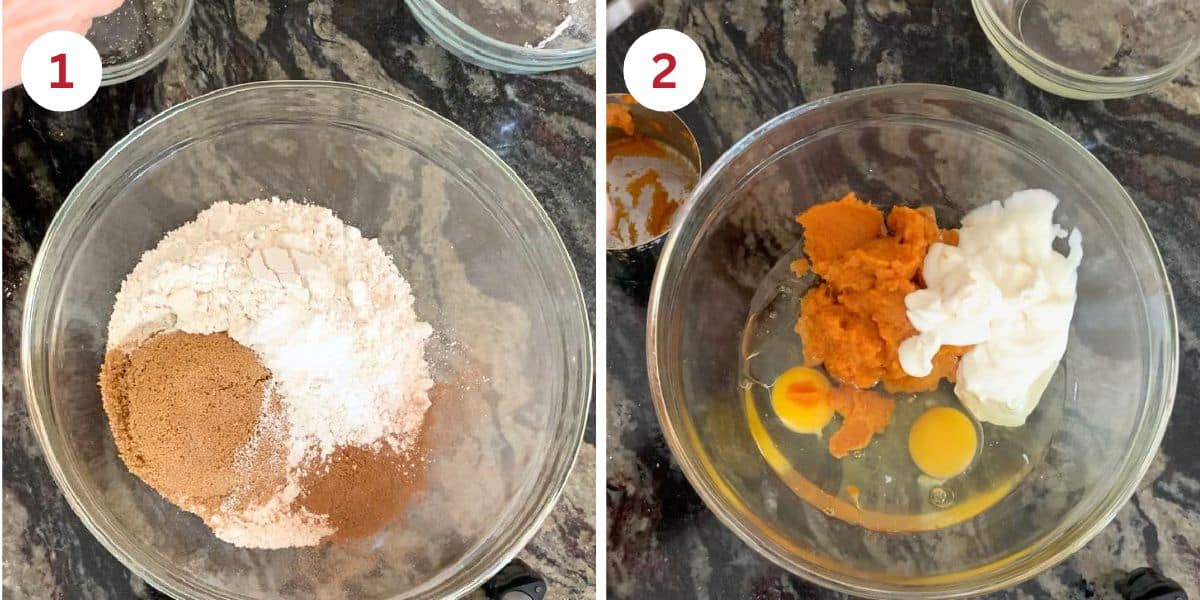 Photos showing me mixing the dry and wet ingredients in separate bowls.