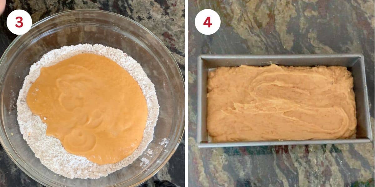 Combining the wet and dry ingredients and moving them to a loaf pan.