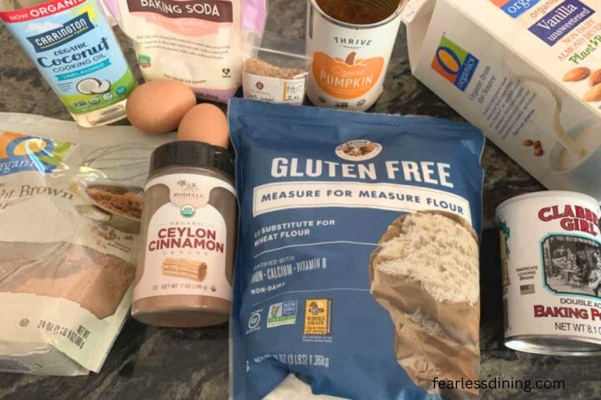 A photo of all of the ingredients used to make this pumpkin bread recipe.