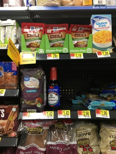 The last section of the gluten free aisle at Walmart.