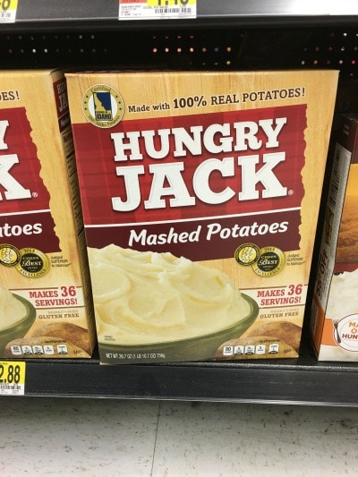 Boxes of Hungry Jack gluten free mashed potatoes.