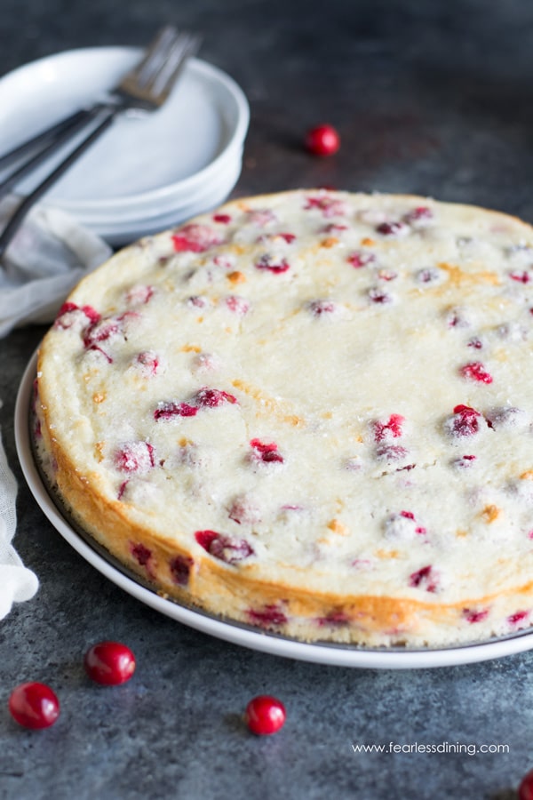 A gluten free cranberry orange yogurt cake with a few fresh cranberries around the cake