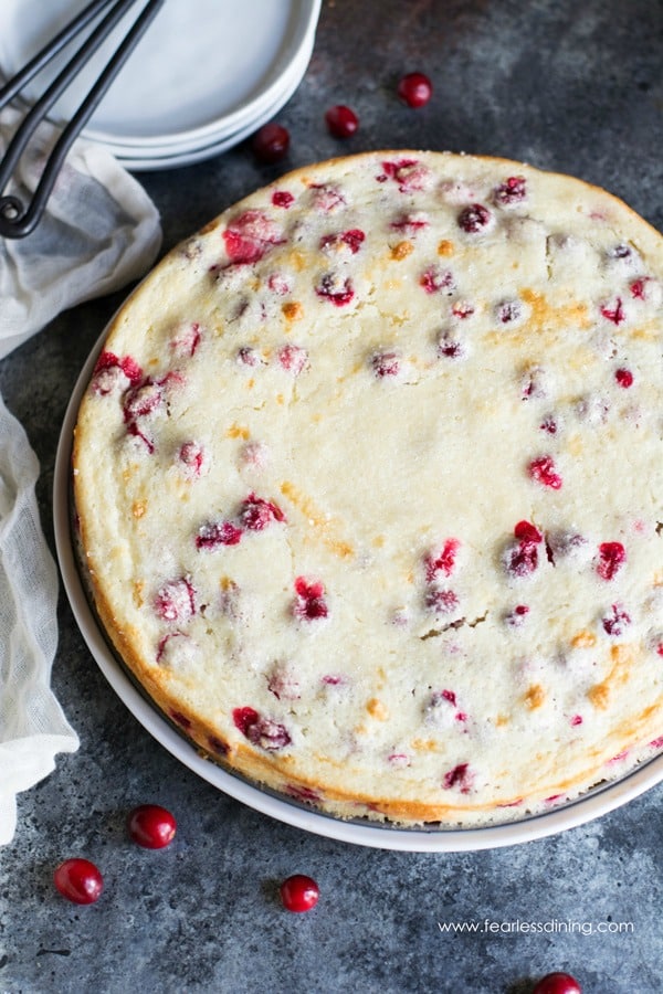 Top view of a cranberry yogurt cake. You can see a lot of cranberries on the top of the cake.