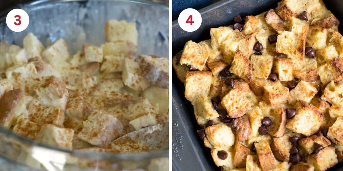 Photos of soaking the bread cubes in eggnog and baking them in the 8x8 dish.