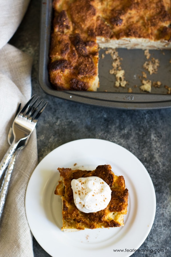 The top view of the eggnog bread pudding.