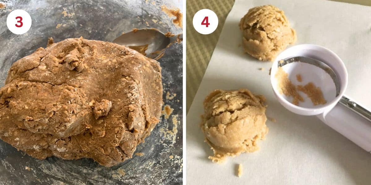 Photos of the cookie dough and a cookie scoop and balls of cookie dough.
