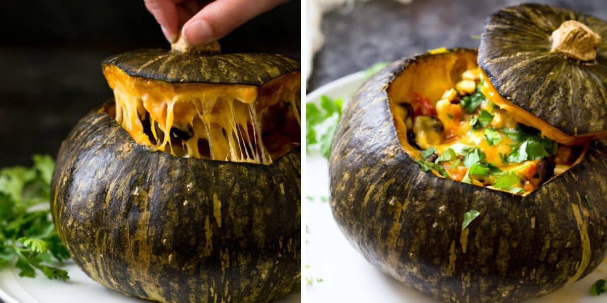 Photos of the baked stuffed kabocha squash.