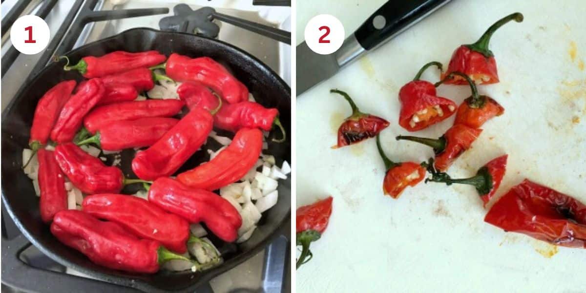 Photos showing cooking the peppers in a skillet and removing the stems.