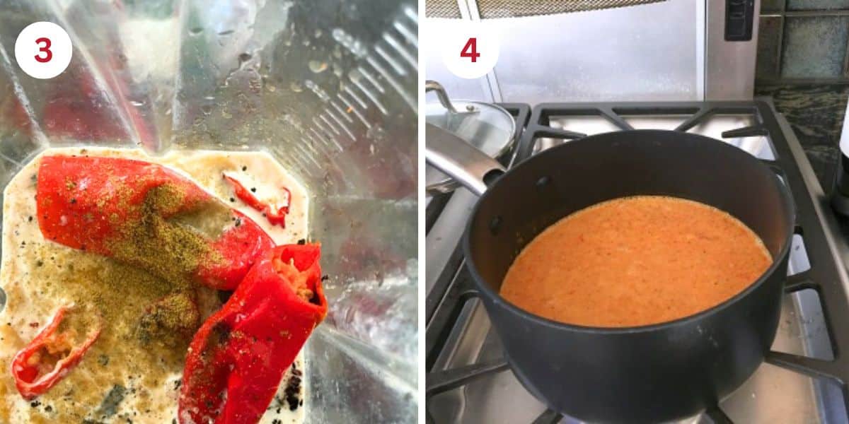 Blending the ingredients in a high speed blender then pouring them into a pot.