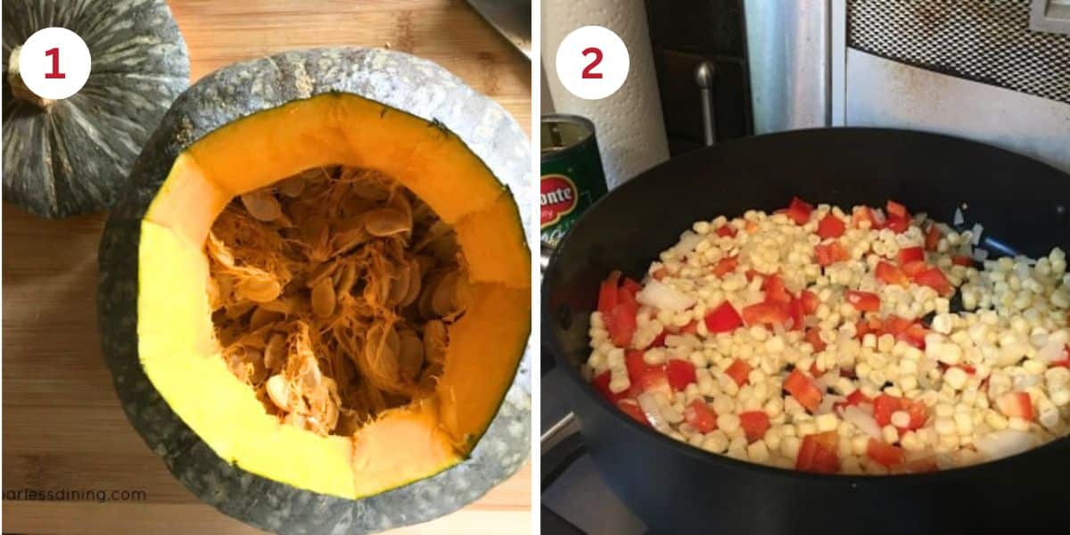 Photos showing the inside of the kabocha squash and the vegetables cooking on the stove.