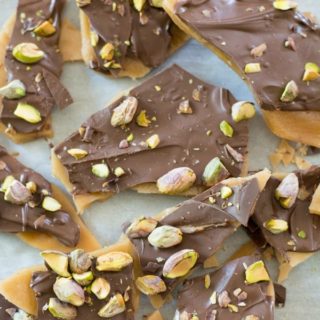 Homemade toffee with chocolate and pistachios.