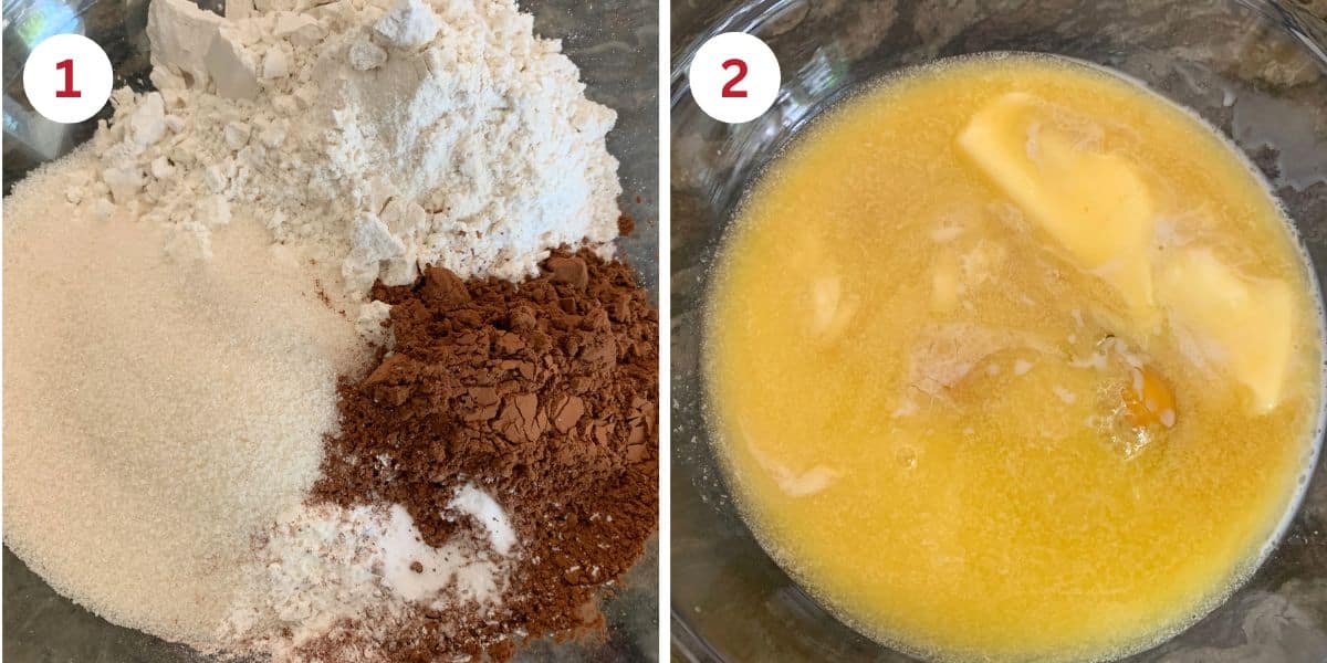 Photos of the chocolate Madeleines wet and dry ingredients in bowls.