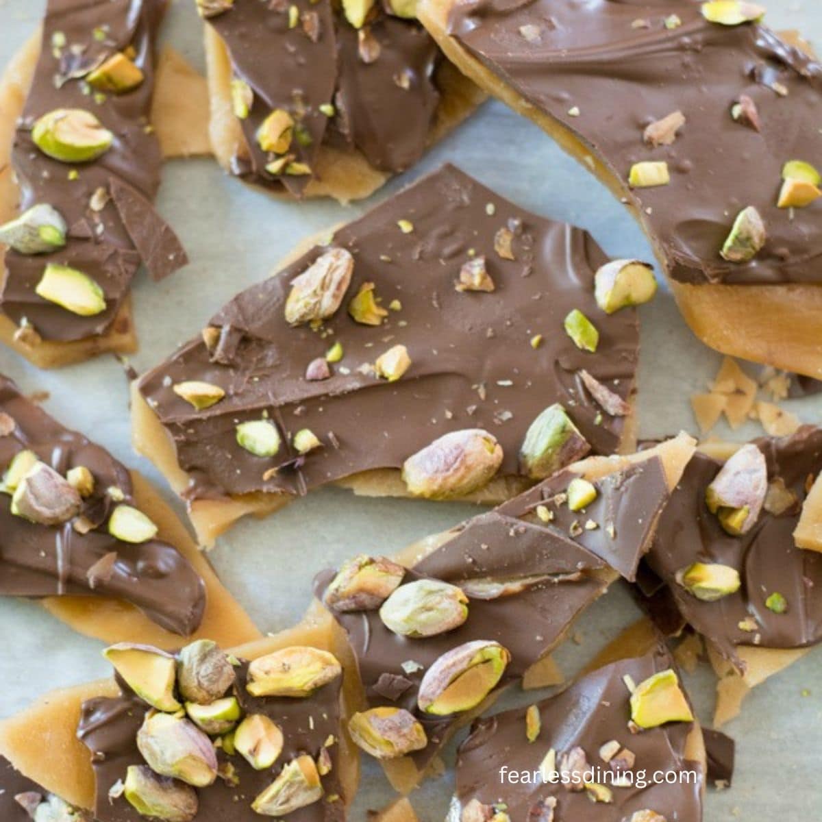 Pieces of broken homemade toffee.