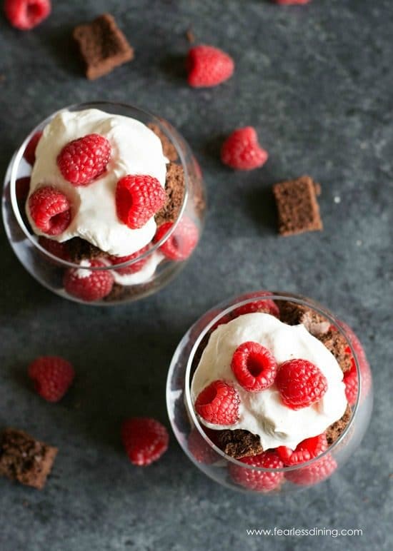 Top view of two gluten free chocolate cake trifles with raspberries and whipped cream.