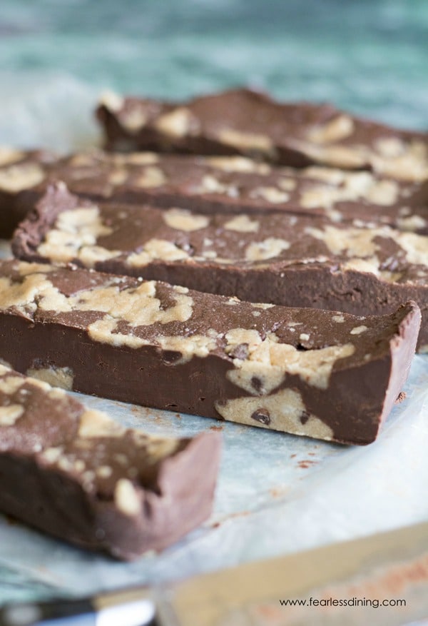 Chocolate fudge with edible cookie dough sliced