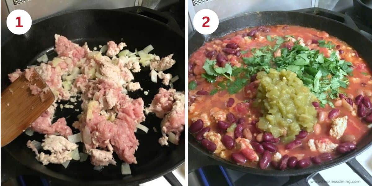 Photos showing cooking the ground meat and onions and adding the rest of the chili ingredients.