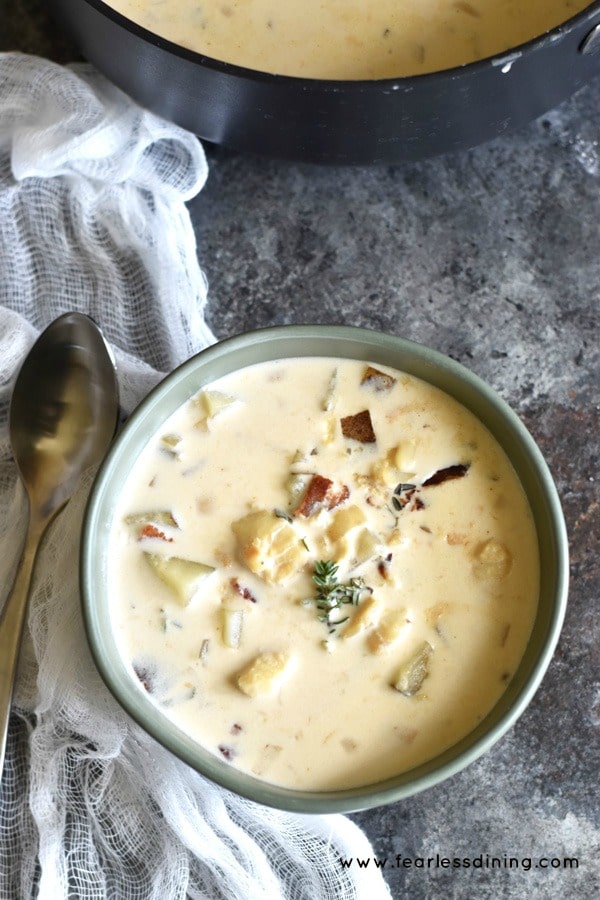 Top view of a bowl of New England fish chowder in a bowl.