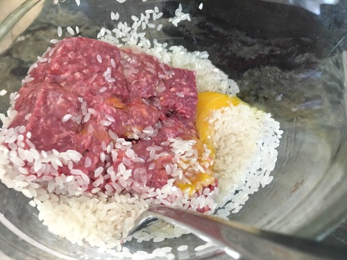 Ground beef, uncooked rice, and egg in a bowl.