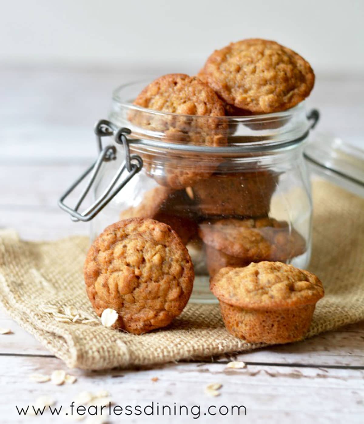 A jar of mini banana oat muffins.