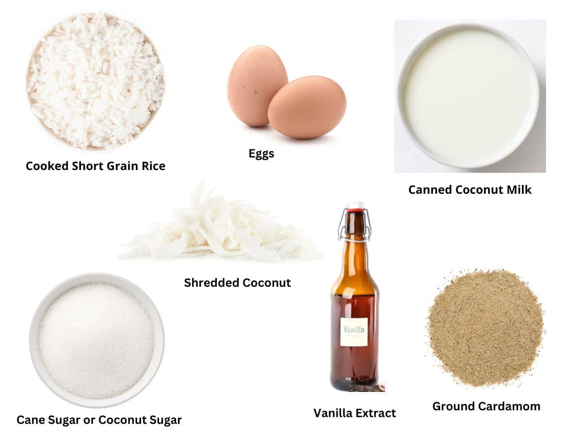 A photo showing the ingredients used to make the cardamom coconut rice pudding.
