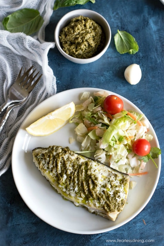 Top view of a grilled halibut steak with salad.