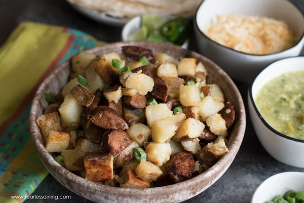 a bowl of potatoes and chorizo