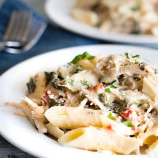 Two shallow bowls filled with the gluten-free Tuscan pasta.