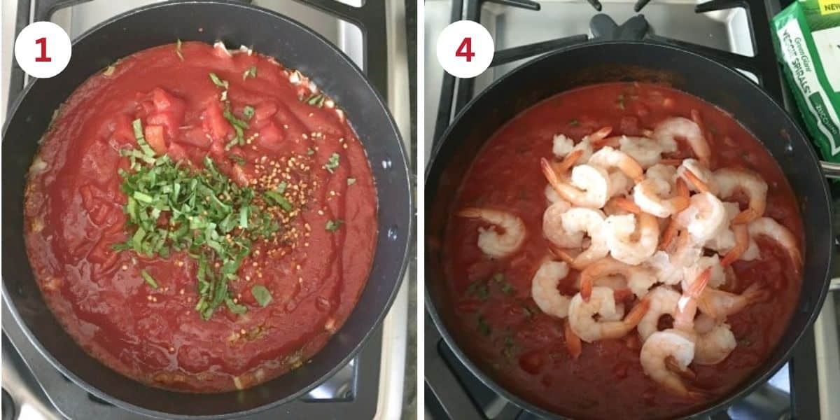 Photos showing cooking the fra diavolo sauce and adding the shrimp.