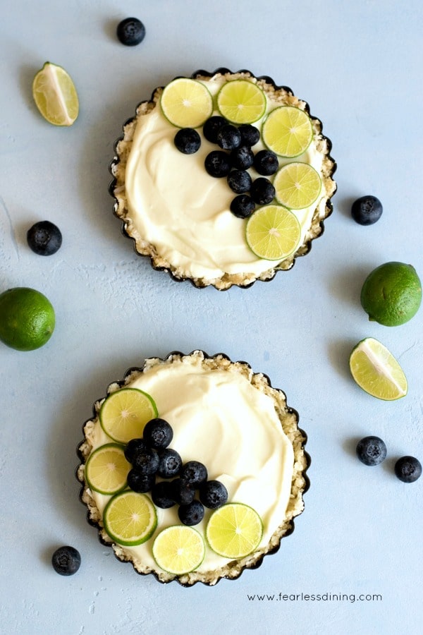 The top view of two key lime gluten free breakfast tarts.