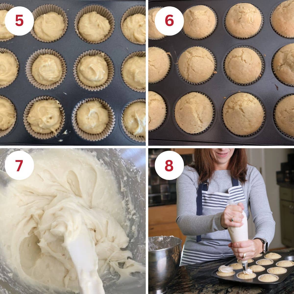 Baking and frosting the vanilla cupcakes.