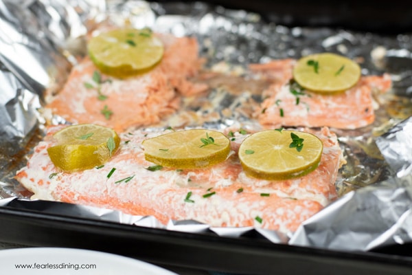 Cooked salmon in a foil packet.