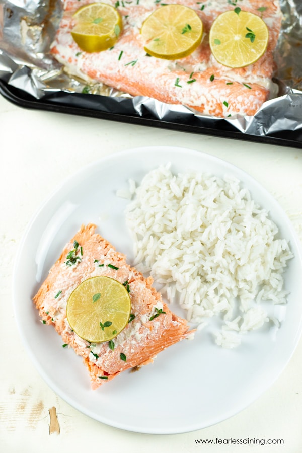 Top view of a plate of grilled salmon and rice.