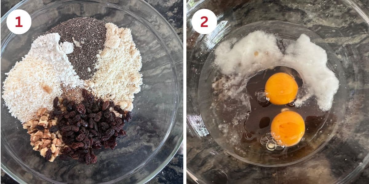 Photos showing the dry and wet ingredients in separate bowls ready to whisk.