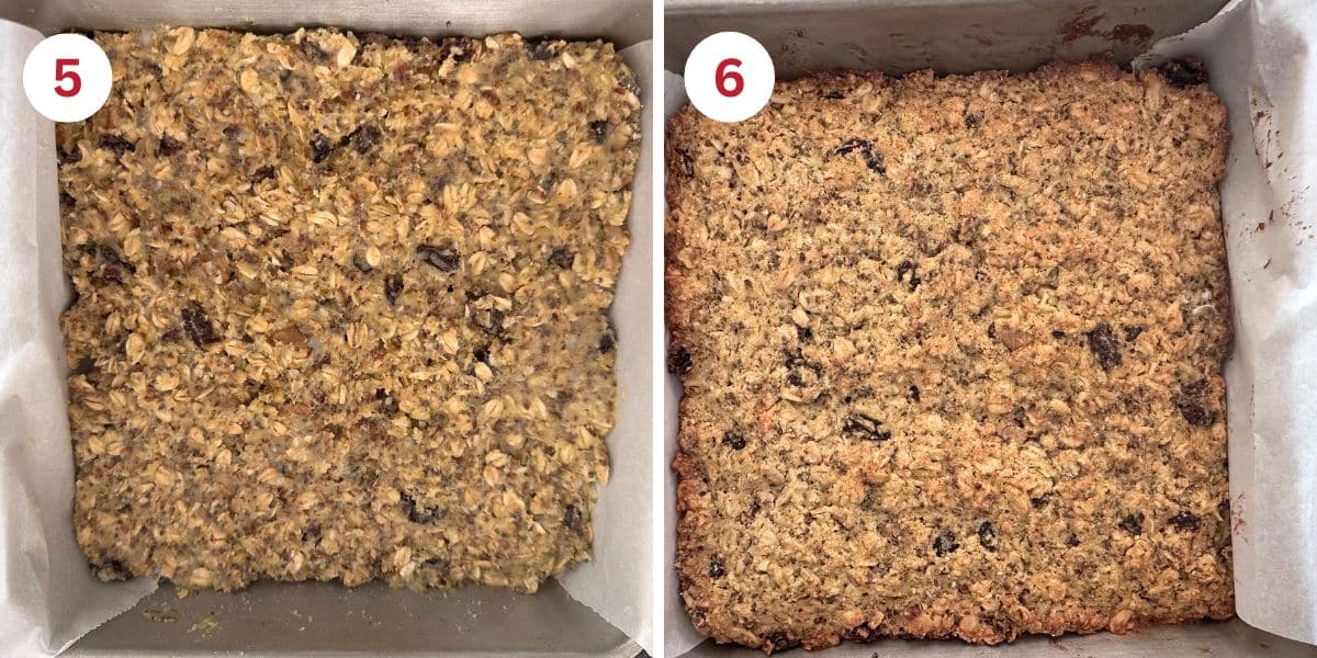 Photos of the batter in an 8x8 pan before and after baking.