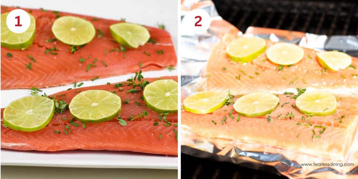 Coho salmon with seasoning and lime slices in foil packets.