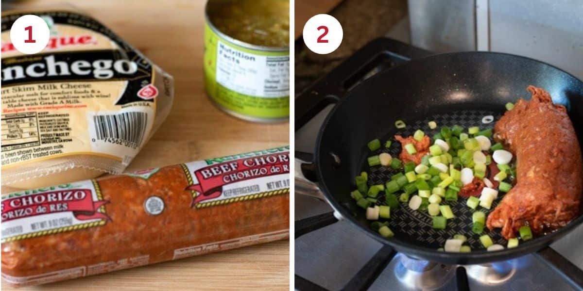 A photo showing the ingredients used to make this recipe and the chorizo cooking.