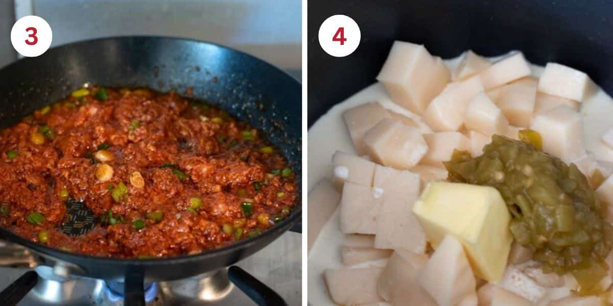Photos showing the chorizo and queso cooking.