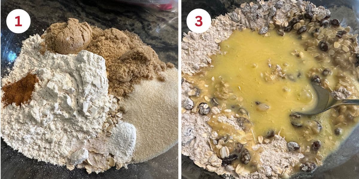 Photos of the dry ingredients and the ingredients combined ready to mix.